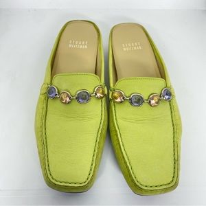 Stuart Weitzman Green Leather Jeweled Slip On Mule flats 6.5